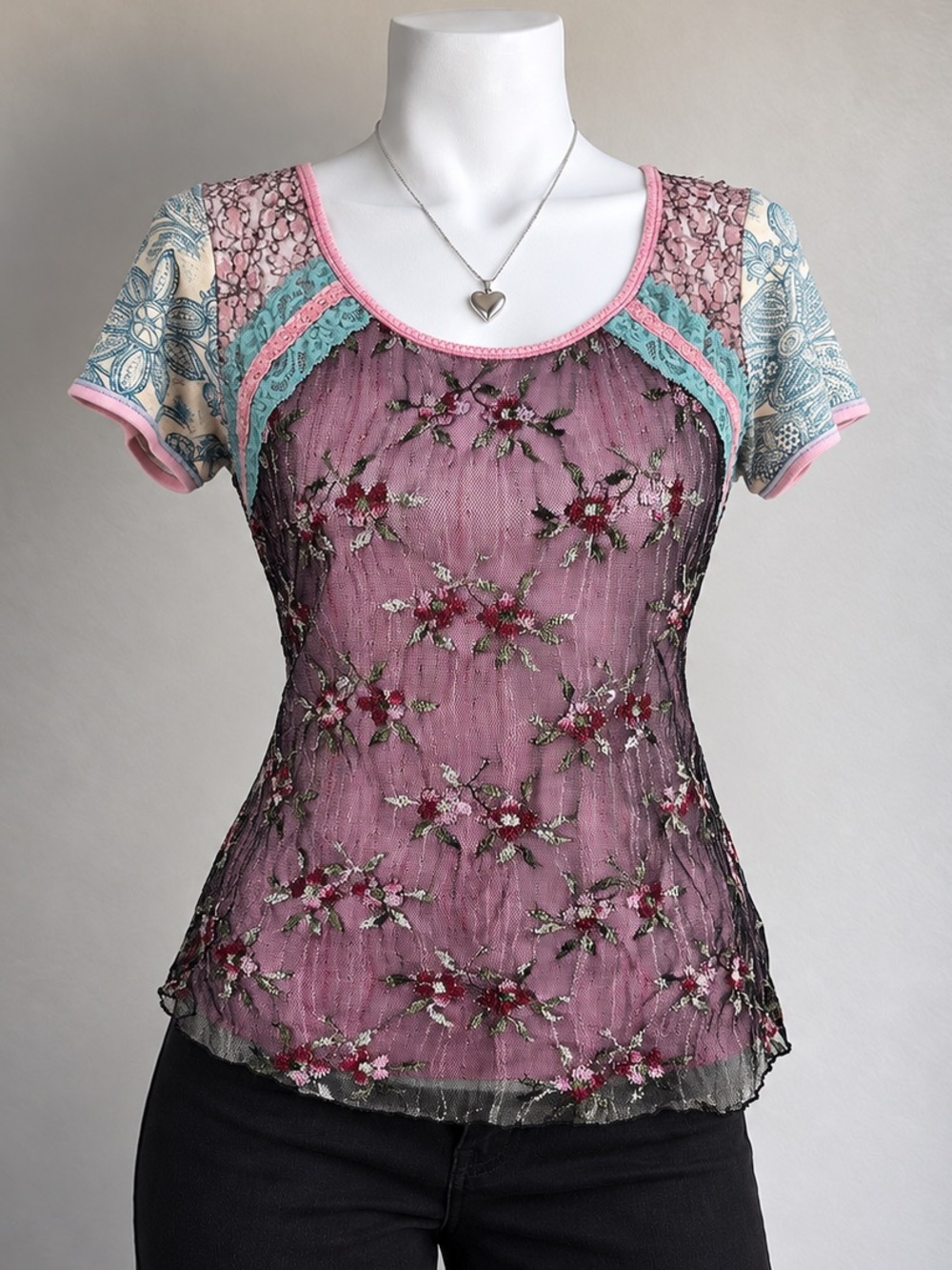 Edista Y2K Floral Embroidered Pink Black Mesh Short Sleeve Top Fairy Grunge M